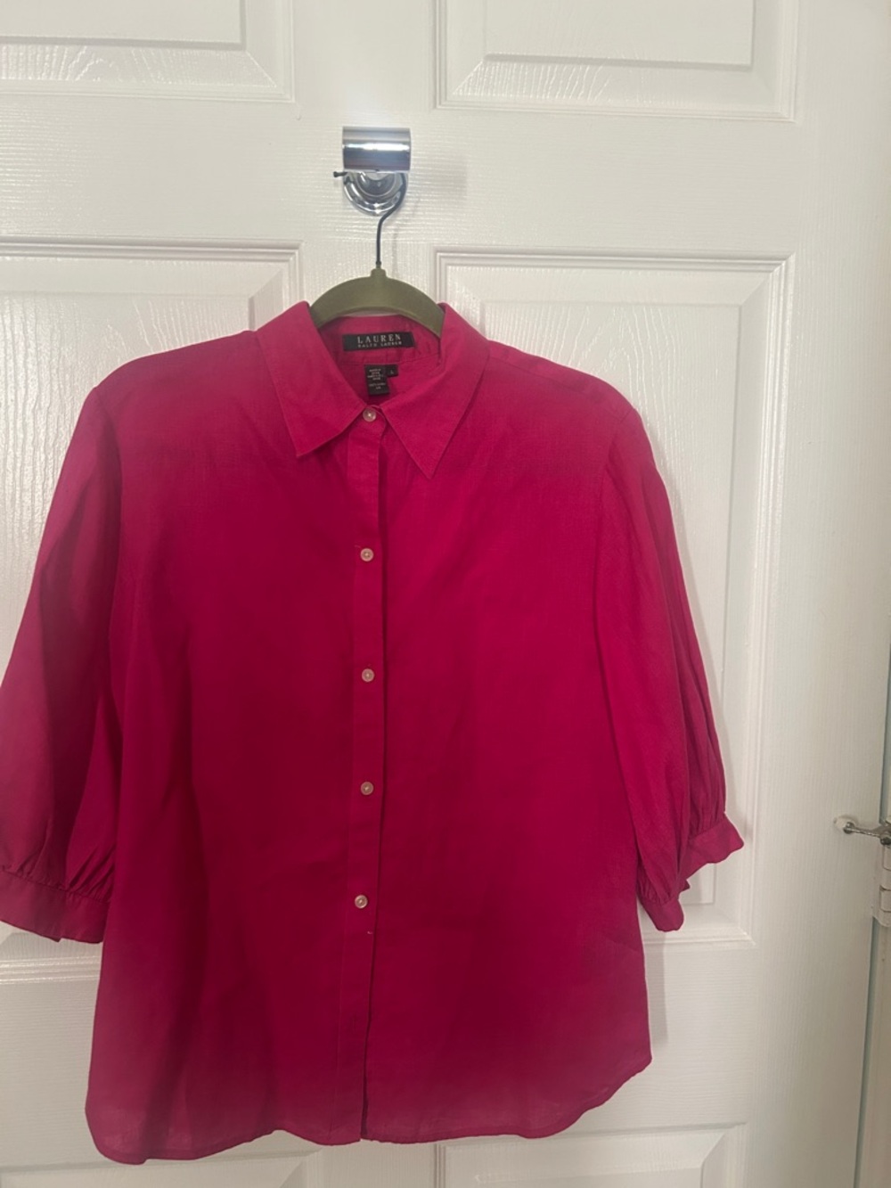 Lauren Ralph Lauren 100% linen fuchsia short sleeve shirt
